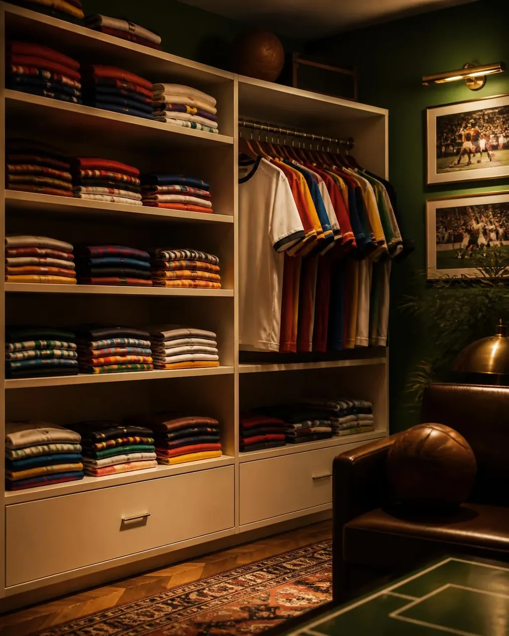 Shelves of folded soccer jerseys and hanging kits